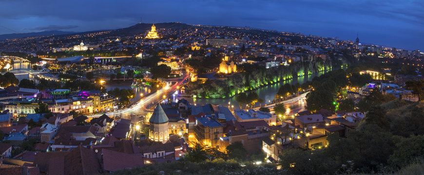 blue evening and night lights above Tbilisi in Georgia