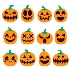 Pumpkin vector icons set, Halloween scary faces design set, horror decoration