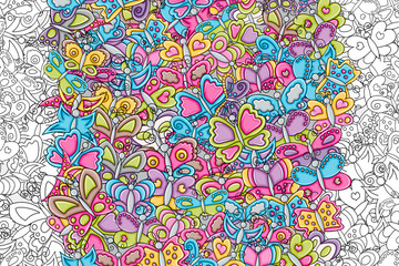 Butterflies summer concept cartoon doodles background design. Hand drawn black and white outline coloring page vector illustration.
