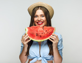 Beautiful smiling woman portrait with watermelon.