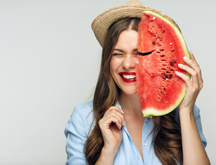 Beautiful smiling woman portrait with watermelon.