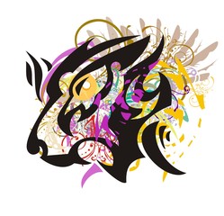 Grunge lion head with head of an eagle inside. Tribal aggressive growling lion head with the eagle head inside against the background of colorful splashes and wings