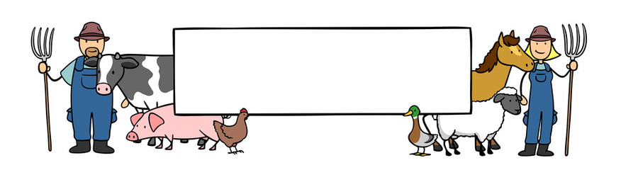 Bauer und Landwirtin mit Tieren und Schild