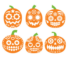Fototapeta premium Halloween pumpkin vector desgin - Mexican sugar skull style, Dia de los Muertos decoration