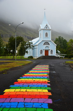The blue church of Seyðisfjörður in east of Iceland
