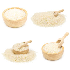 Rice in a wooden cup isolated on white background