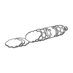 vector sketch salami sausage with slices. Cartoon isolated illustration on a white background. Sausage and meat types concept