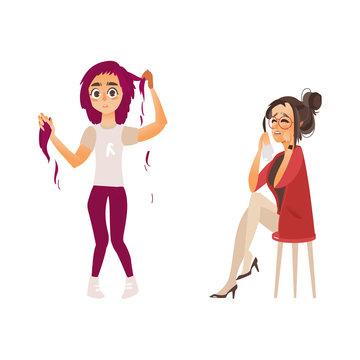 vector flat women suffering from mental illness set. Hair loss problem, depression grief. female characters plucking her pink hair out, another one crying. Isolated illustration on a white background.