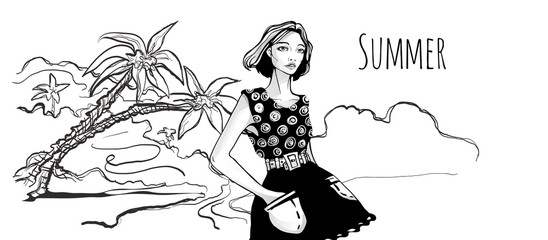 Young cute fashionable girl walking on tropical beach with palm trees. Vector hand-drawn sketch illustration, black and white.
