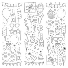 Set of birthday party design elements. Kids drawing. Doodle icons Colorful balloons, flags, confetti, cupcakes, gifts, candles, bows and decorative ribbons. Vector illustration