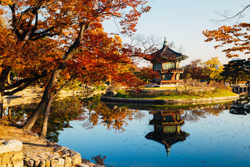 Korean traditional architecture Gyeongbokgung Palace Hyangwonjeong at autumn in Seoul, Korea