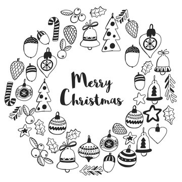 Christmas wreath Pattern for coloring book Frame wth christmas elements, balls, decoration Merry Christmas and Happy New year Holly jolly Holiday celebration