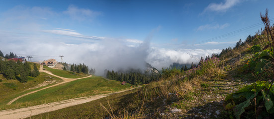 Fototapeta na wymiar beautiful view of the Postavaru green Mountains. September 2017, Poiana Brasov, Romania