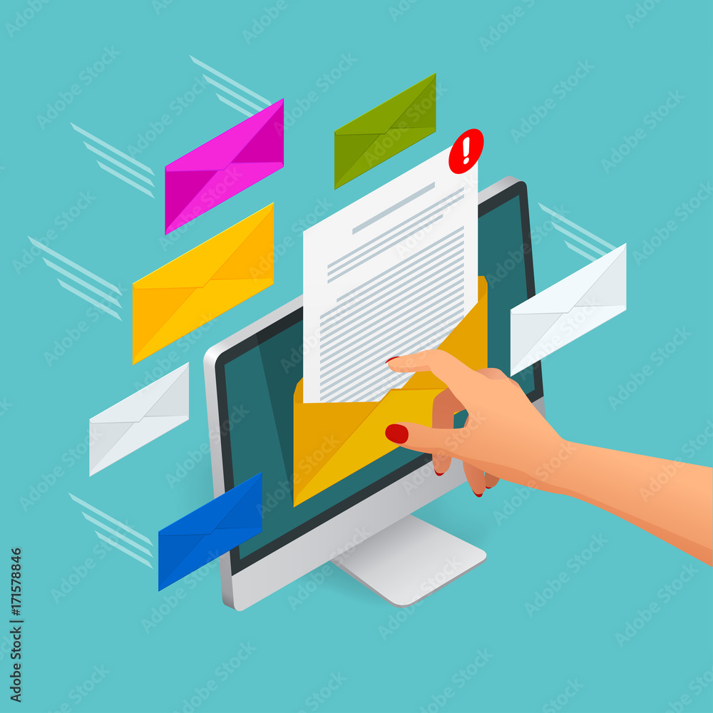 Poster incoming email isometric vector concept. receiving messages. laptop with envelope and document on a 