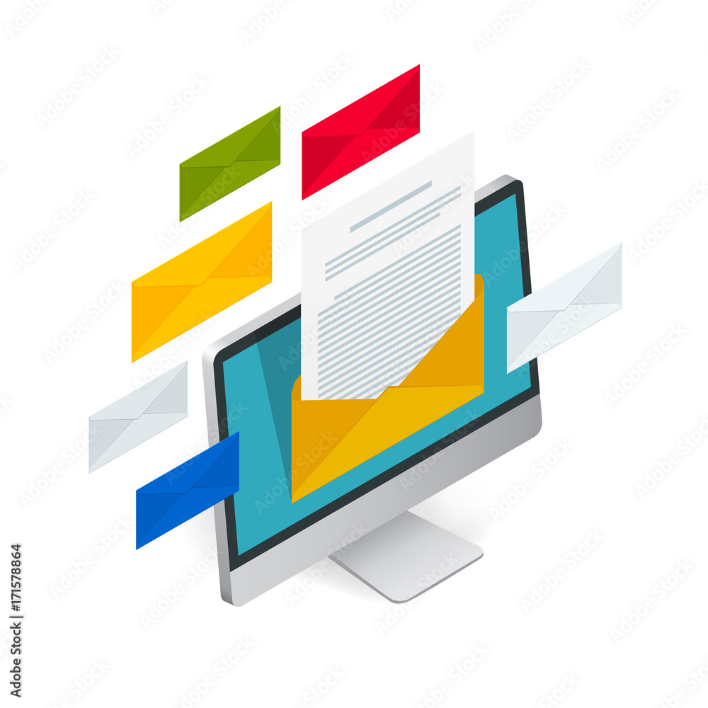 Poster incoming email isometric vector concept. receiving messages. laptop with envelope and document on a 