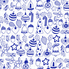 Gold Christmas seamless pattern with christmas bells, snowflakes, candy, stars Holly jolly Merry Christmas and Happy New Year Ink drawing