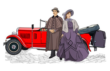 The woman and the man in vintage suits. People in retro dresses. Vector illustration.
