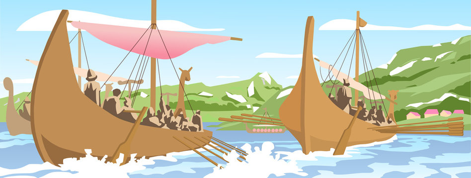 Illustration of viking ships navigating on sea