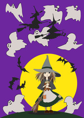 Halloween poster / card/ background. Little witch on the moon background.