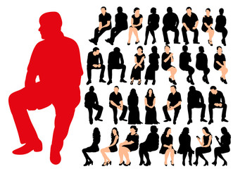 vector, isolated silhouette of people sitting, silhouette of seated men and women, collection