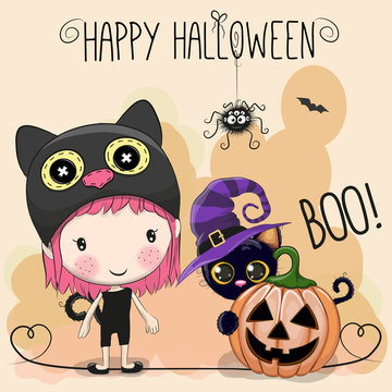 Halloween card with girl and cat