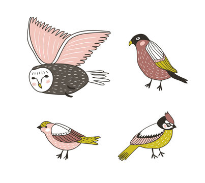 Set of cute hand drawn birds. Vector illustration.
