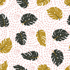 Exotic leaves and dots ornament. Seamless hand drawn tropical  pattern. Vector background with monstera leaves and  grunge dots.