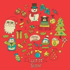 Christmas Xmas New year Vector doodle set of icons with Santa Claus, penguin, snowman, bear, presents, christmas decoration
