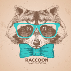 Hipster animal raccoon. Hand drawing Muzzle of animal  raccoon © annbozhko