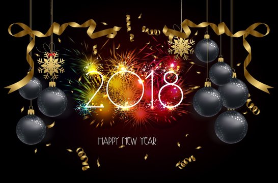 Happy new year 2018 background with christmas confetti gold and firework