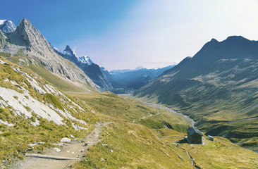Fototapeta premium The Tour du Mont Blanc is a unique trek of approximately 200km around Mont Blanc that can be completed in between 7 and 10 days passing through Italy, Switzerland and France.
