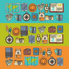Vector doodle set with travel icons Adventure Explore Camera Passport Ticket Map Backpack Doodle pattern