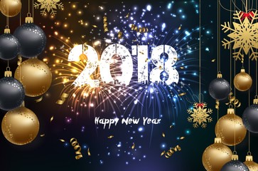 Happy new year 2018 background with christmas confetti gold and firework 2018