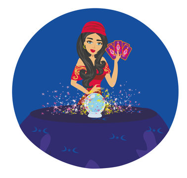 Fortune teller woman reading future on magical crystal ball