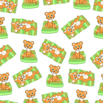 Seamless pattern with cute tiger cubs on white background.Печать