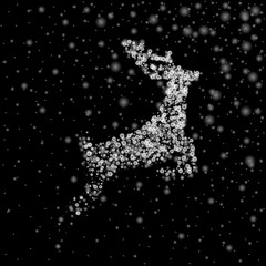 Christmas deer of snowflakes particles on black background. Christmas vector illustration. Falling snow. Winter picture with beautiful snowfall