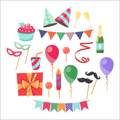 Flat vector icons Celebration party carnival festive icons set. Colorful symbols and elements - mask, gifts, presents, balloon, hat, cap