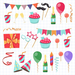 Flat vector icons Celebration party carnival festive icons set. Colorful symbols and elements - mask, gifts, presents, balloon, hat, cap