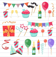 Flat vector icons Celebration party carnival festive icons set. Colorful symbols and elements - mask, gifts, presents, balloon, hat, cap
