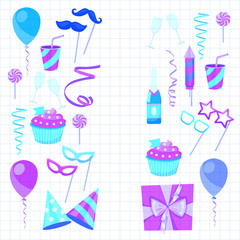 Flat vector icons Celebration party carnival festive icons set. Colorful symbols and elements - mask, gifts, presents, balloon, hat, cap