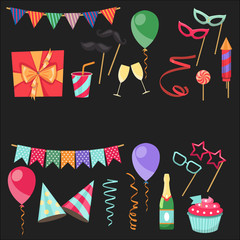 Flat vector icons Celebration party carnival festive icons set. Colorful symbols and elements - mask, gifts, presents, balloon, hat, cap