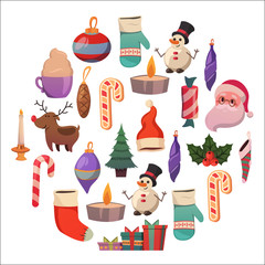 Set of flat Christmas icons for banners Xmas Happy new year Santa Claus Christmas decoration Christmas ball Flat christmas icons