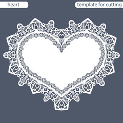 Greeting card with openwork border, paper doily under the cake, template for cutting in the form of heart, valentine card,  wedding invitation, decorative plate is laser cut,  vector illustrations.