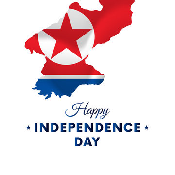 Banner or poster of North Korea independence day celebration. North Korea map. Waving flag. Vector illustration.