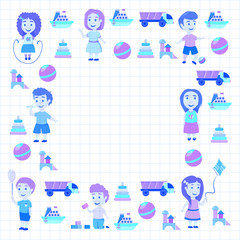 Kindergarten Vector flat icons for advertising brochure. Ready for your designs. Children play. Kindergarten kids with toys. Funny cartoon character. Vector illustration