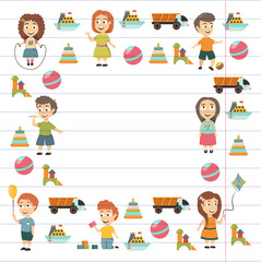 Kindergarten Vector flat icons for advertising brochure. Ready for your designs. Children play. Kindergarten kids with toys. Funny cartoon character. Vector illustration