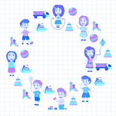Kindergarten Vector flat icons for advertising brochure. Ready for your designs. Children play. Kindergarten kids with toys. Funny cartoon character. Vector illustration