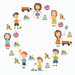 Kindergarten Vector flat icons for advertising brochure. Ready for your designs. Children play. Kindergarten kids with toys. Funny cartoon character. Vector illustration