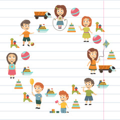Kindergarten Vector flat icons for advertising brochure. Ready for your designs. Children play. Kindergarten kids with toys. Funny cartoon character. Vector illustration