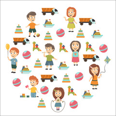 Kindergarten Vector flat icons for advertising brochure. Ready for your designs. Children play. Kindergarten kids with toys. Funny cartoon character. Vector illustration